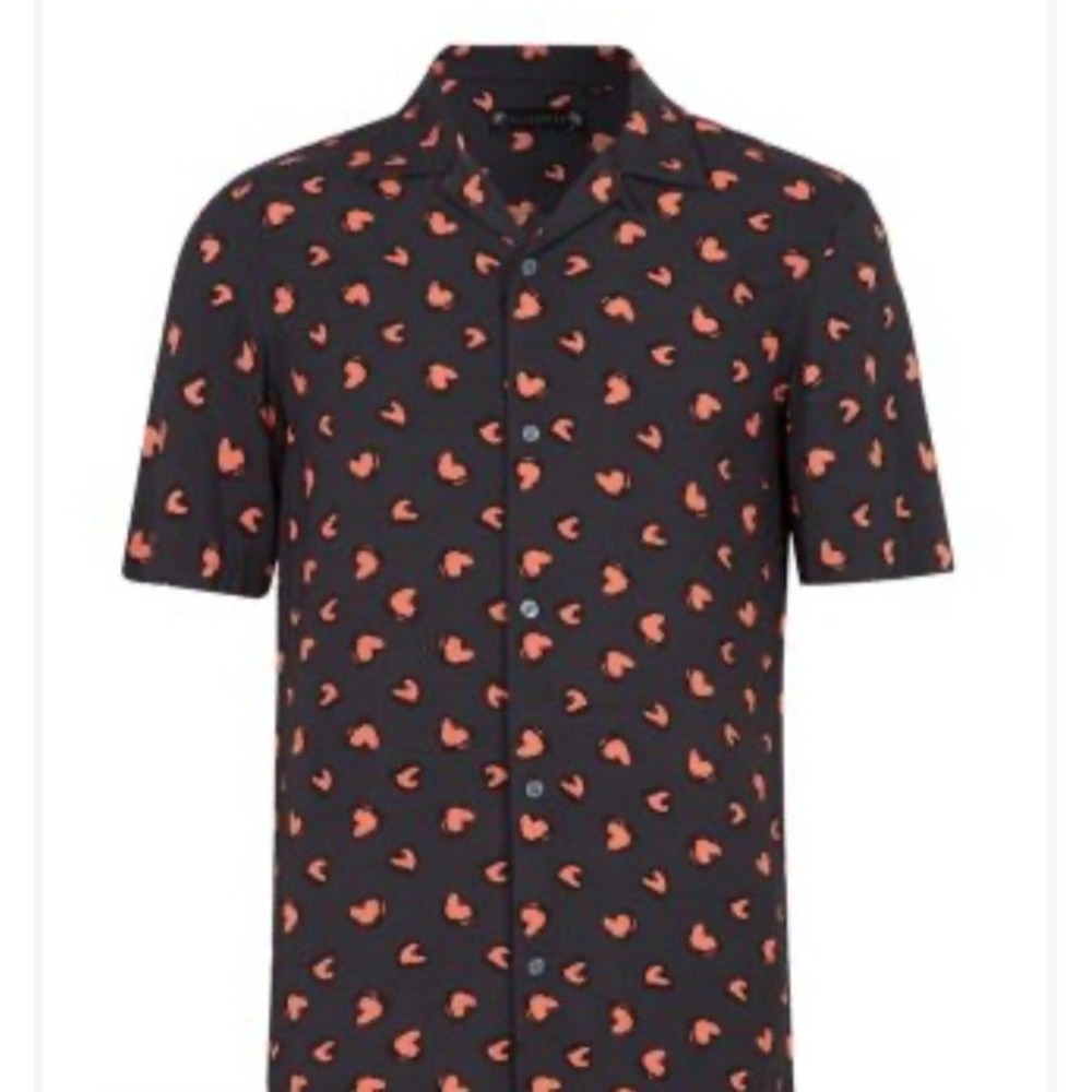 All Saints Romanza Short Sleeve Shirt Viscose Heart Pattern Mens Medium Black